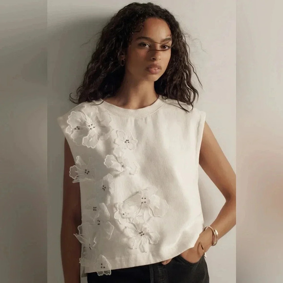 NWT new Anthropologie floral appliqué knit top XS white ivory sleeveless tank - Picture 7 of 17
